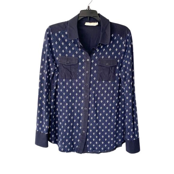 Tory Burch Linen Blend Navy Blue White Print Button Down Shirt size medium - Picture 1 of 8